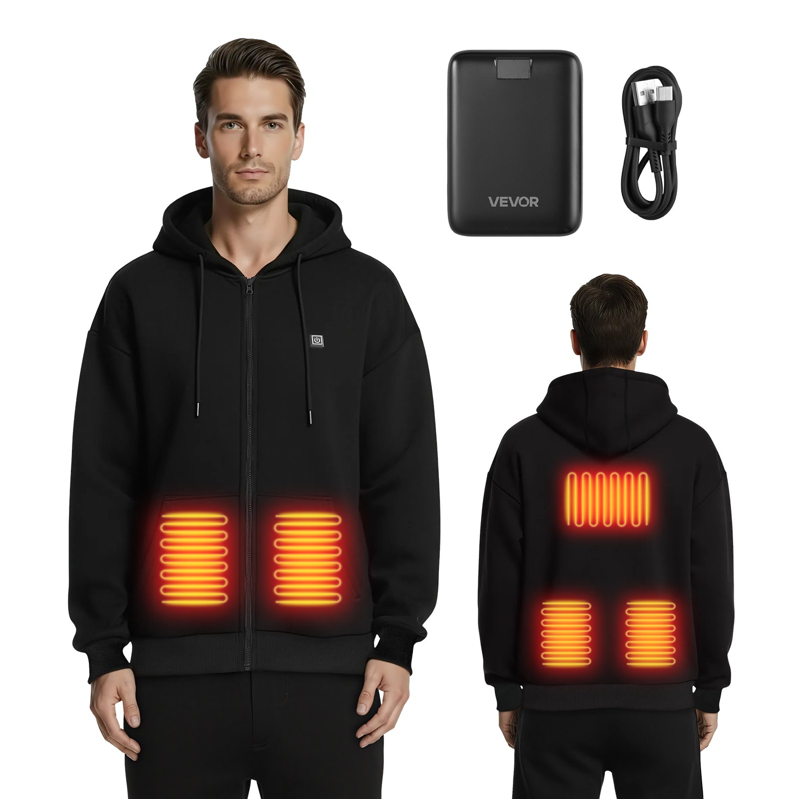VEVOR Beheizbarer Hoodie, Unisex, Kapuzenjacke mit Reißverschluss und 7,4 V 16000 mAh Powerbank, 5 Heizzonen, 3 Temperaturstufen, 4–8 Stunden Wärme, für Wintercamping im Freien, Schwarz, S