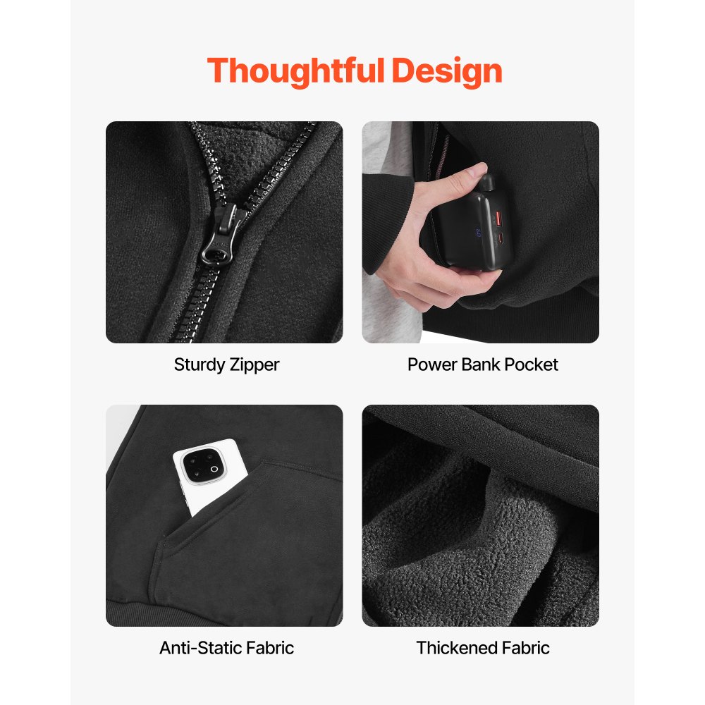VEVOR Beheizbarer Hoodie, Unisex, Kapuzenjacke mit Reißverschluss & 7,4 V 16000 mAh Powerbank, 5 Heizzonen, 3 Temperaturstufen, 4–8 Stunden Wärme, für Wintercamping im Freien, Schwarz, XXXL
