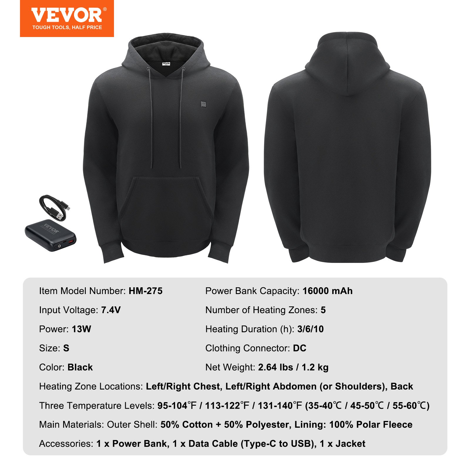 VEVOR Beheizter Hoodie, Unisex Beheiztes Sweatshirt mit Akkupack 7,4 V, Elektrische Jacke mit 5 Heizzonen für Männer & Frauen, Leichter warmer beheizter Outdoor-Pullover zum Angeln und Camping, Größe S Schwarz