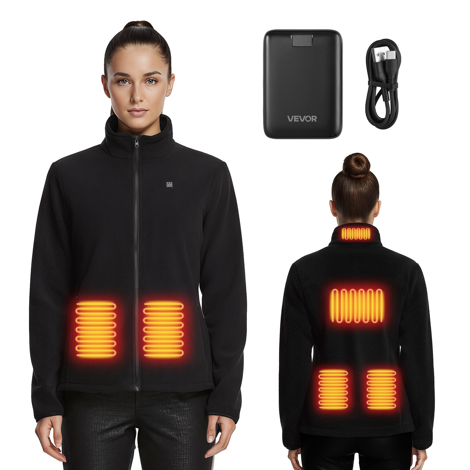 VEVOR Beheizbare Fleecejacke Damen, Heizjacke mit 7,4 V 16000 mAh wiederaufladbarem Powerbank-Pack, 6 Heizzonen, 3 Temperaturstufen, 3/6/10 Std. Wärme, für Winter-Outdoor-Camping, Schwarz, L