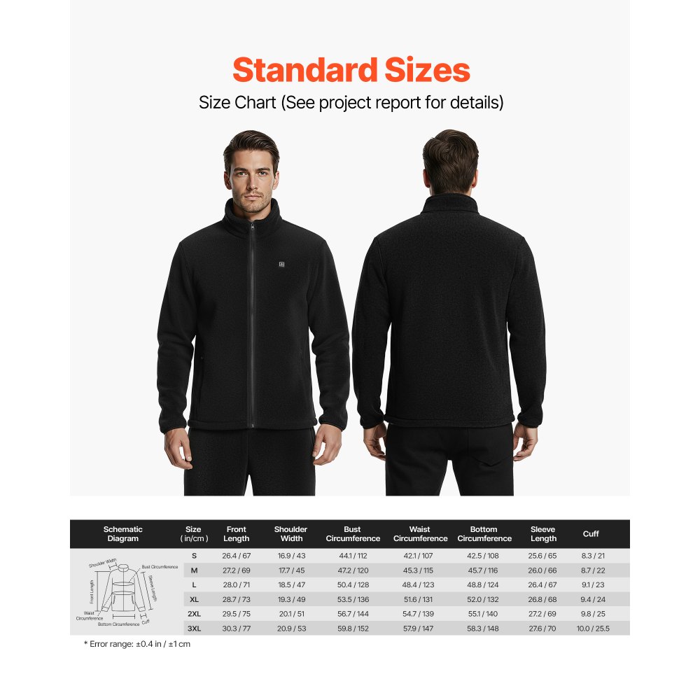 VEVOR Beheizte Fleecejacke Herren, Heizjacke mit 7,4 V 16000 mAh wiederaufladbarem Powerbank-Pack, 6 Heizzonen, 3 Temperaturstufen, 3/6/10 Std. Wärme, für Winter-Outdoor-Camping, Schwarz, XL