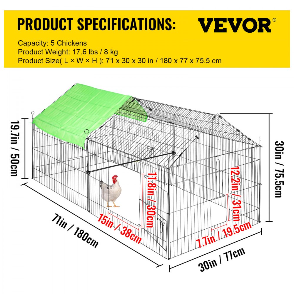 VEVOR Hühnerstall 180 x 77 x 75,5 cm Freilaufgehege aus pulverbeschichtetem Eisen-Freigehege mit 118 x 85 cm Abdeckplane Voliere Kleintierstall Tiergehege