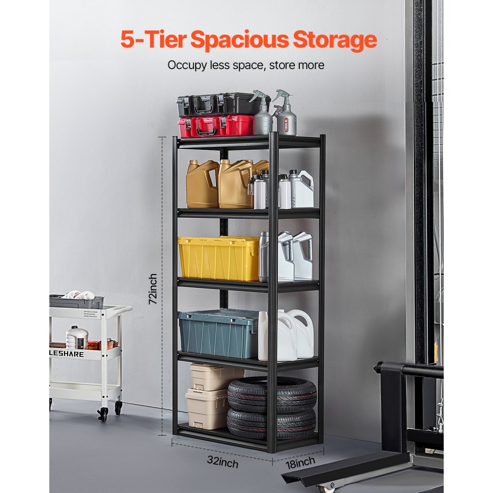 VEVOR Storage Shelving Unit, 907 kg, Boltless Shelving Unit, Basement Shelving Unit, Robust Adjustable Heavy-Duty Metal Shelving Unit, 5 Shelves, 457.2 x 812.8 x 1828.8 mm, Workshop Shelving Unit, for Kitchen, Workshop, Basement, Warehouse, Black