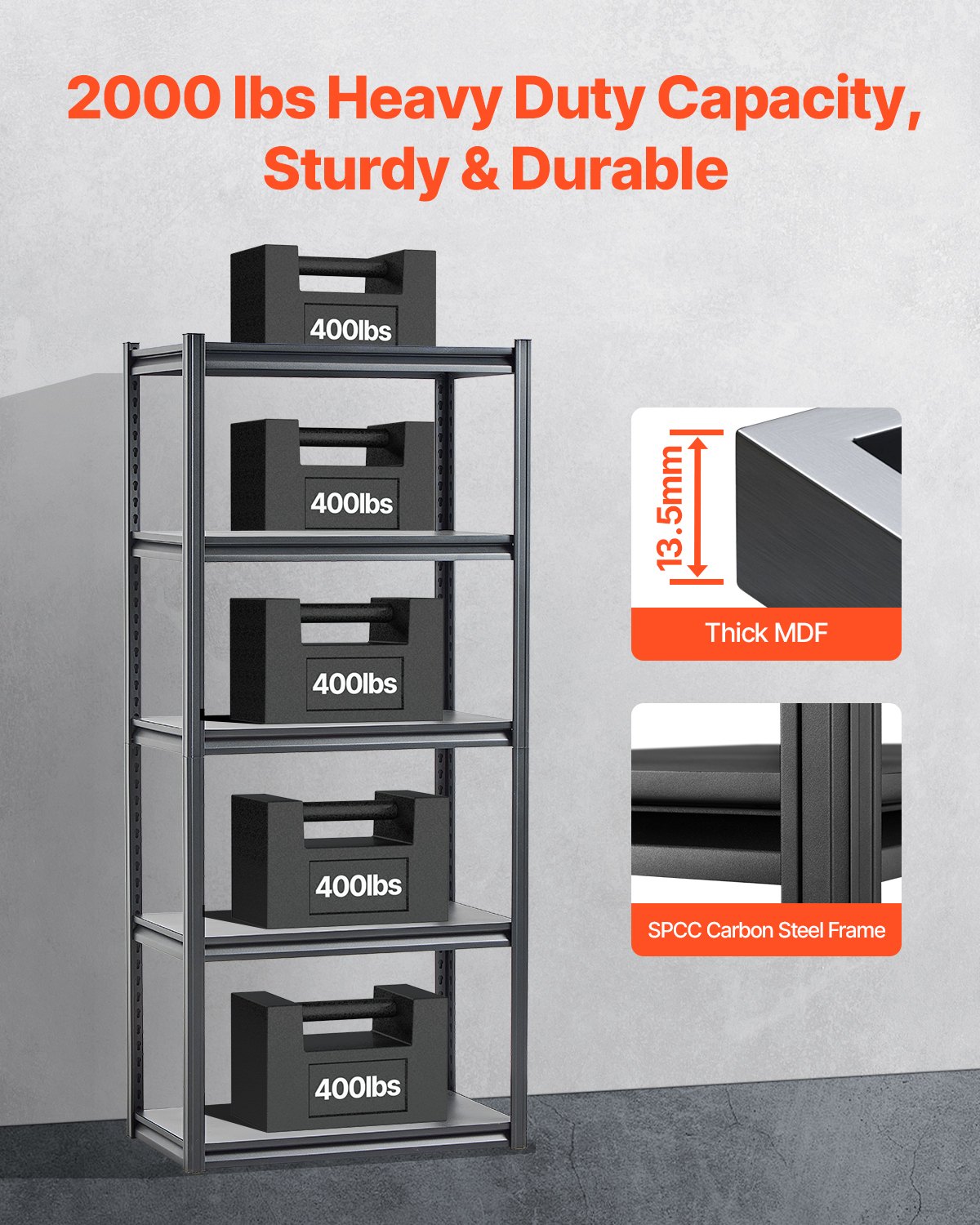 VEVOR Storage Shelving Unit, 907 kg, Boltless Shelving Unit, Basement Shelving Unit, Robust Adjustable Heavy-Duty Metal Shelving Unit, 5 Shelves, 457.2 x 812.8 x 1828.8 mm, Workshop Shelving Unit, for Kitchen, Workshop, Basement, Warehouse, Black