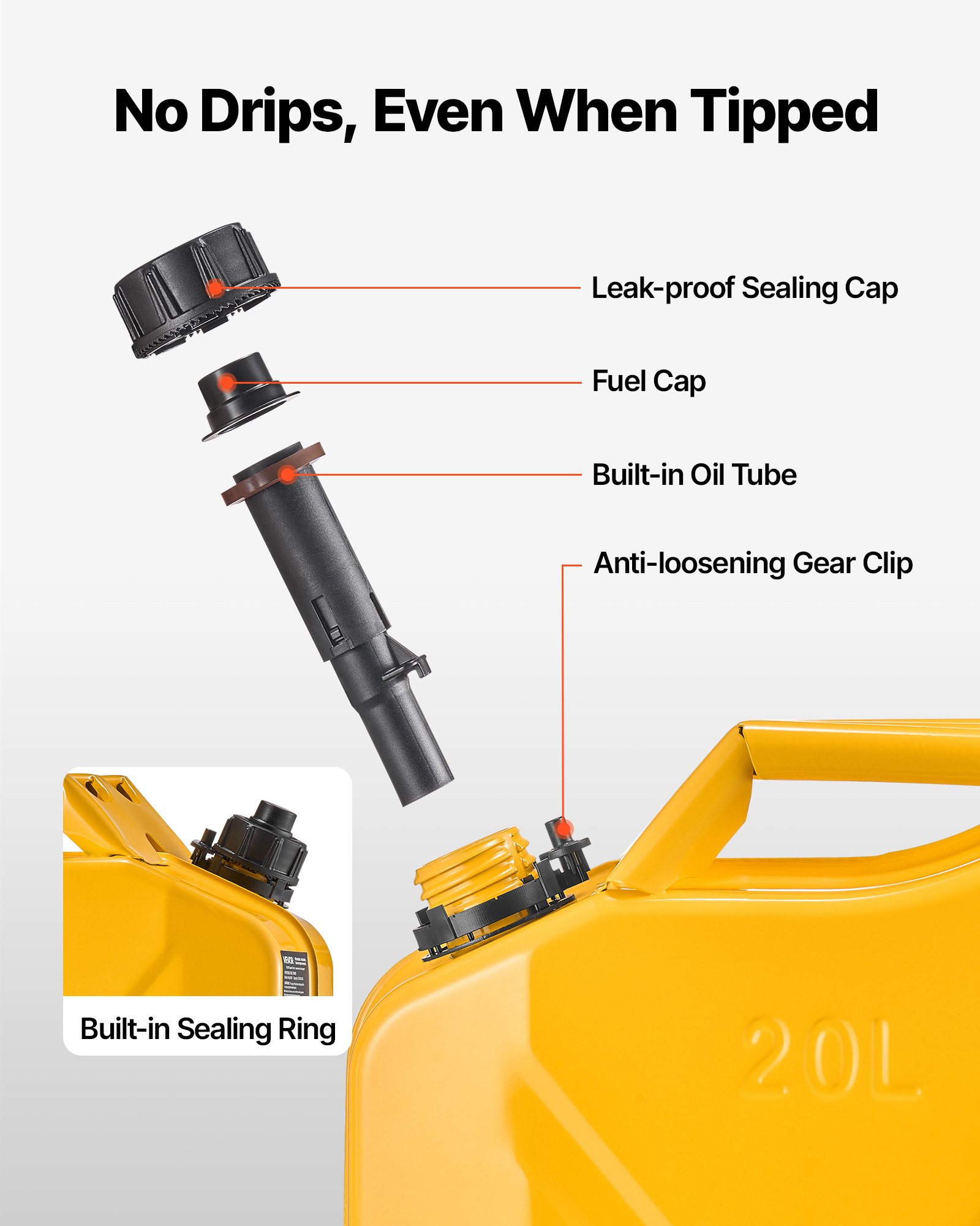 VEVOR Benzinkanister Metall 20 L, Kraftstoffkanister mit Ausgießer & Komfortgriff, 6 L/min max. Durchflussrate, auslaufsicherer Benzintank für die meisten Autos, Motorräder, ATVs & UTVs, Gelb