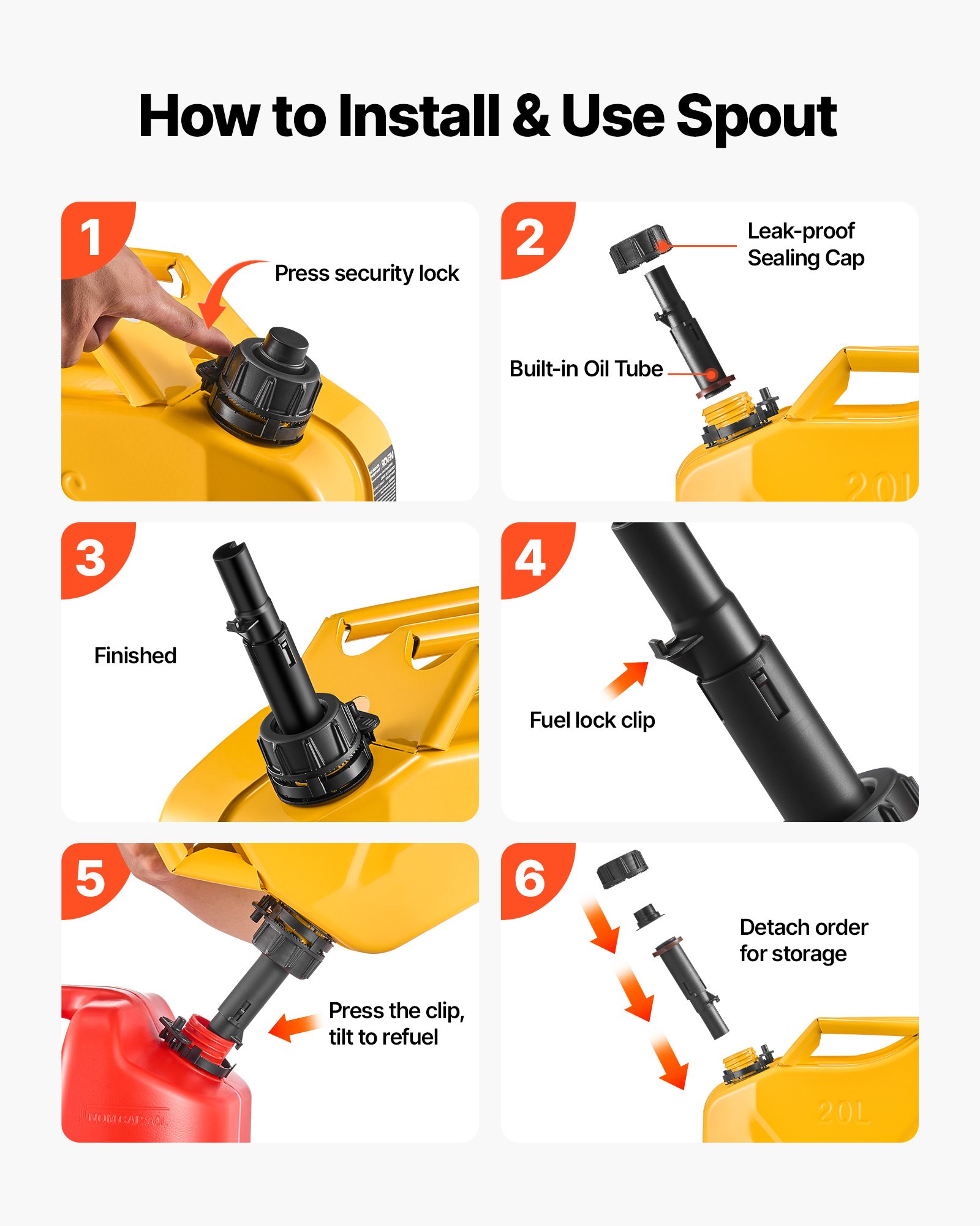 VEVOR Benzinkanister Metall 20 L, Kraftstoffkanister mit Ausgießer & Komfortgriff, 6 L/min max. Durchflussrate, auslaufsicherer Benzintank für die meisten Autos, Motorräder, ATVs & UTVs, Gelb