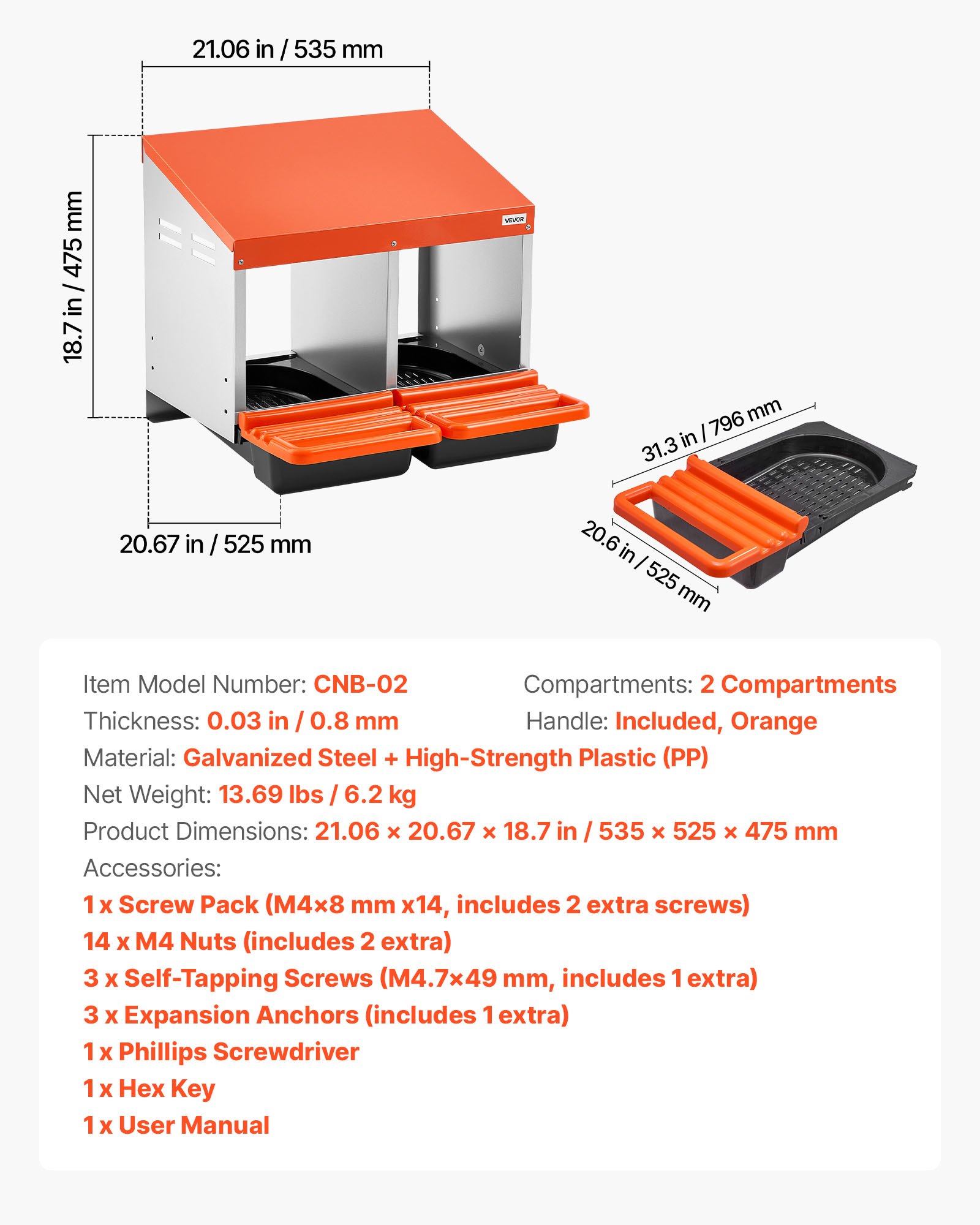 VEVOR Chicken Nesting Boxes, 2 Compartments, Easy Egg Collection, Wall Mount, Easy to Assemble, Galvanized Steel and High-Strength Plastic, Roll Away Nesting Boxes for Chickens Laying Eggs, Orange