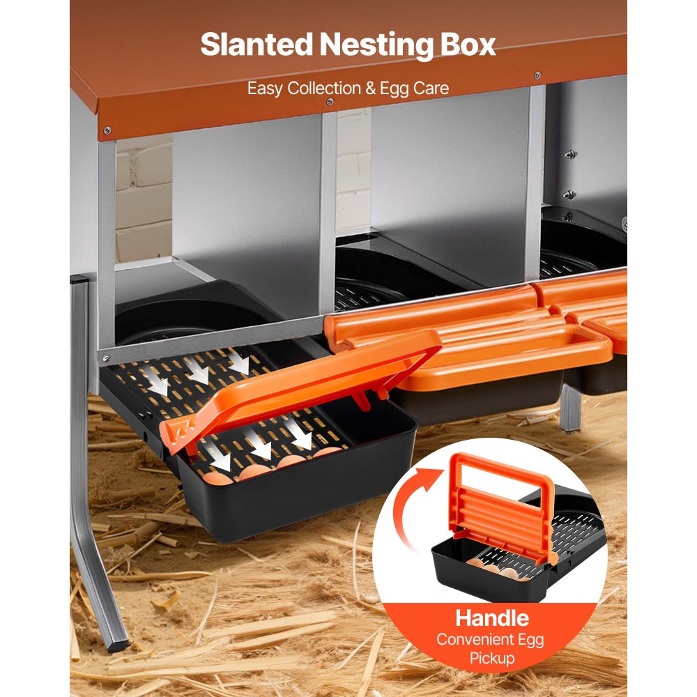 VEVOR Chicken Nesting Boxes, 3 Compartments, with Support Legs, Easy Egg Collection, Galvanized Steel and High-Strength Plastic, Roll Away Nesting Boxes for Chickens and Hens Laying Eggs, Orange