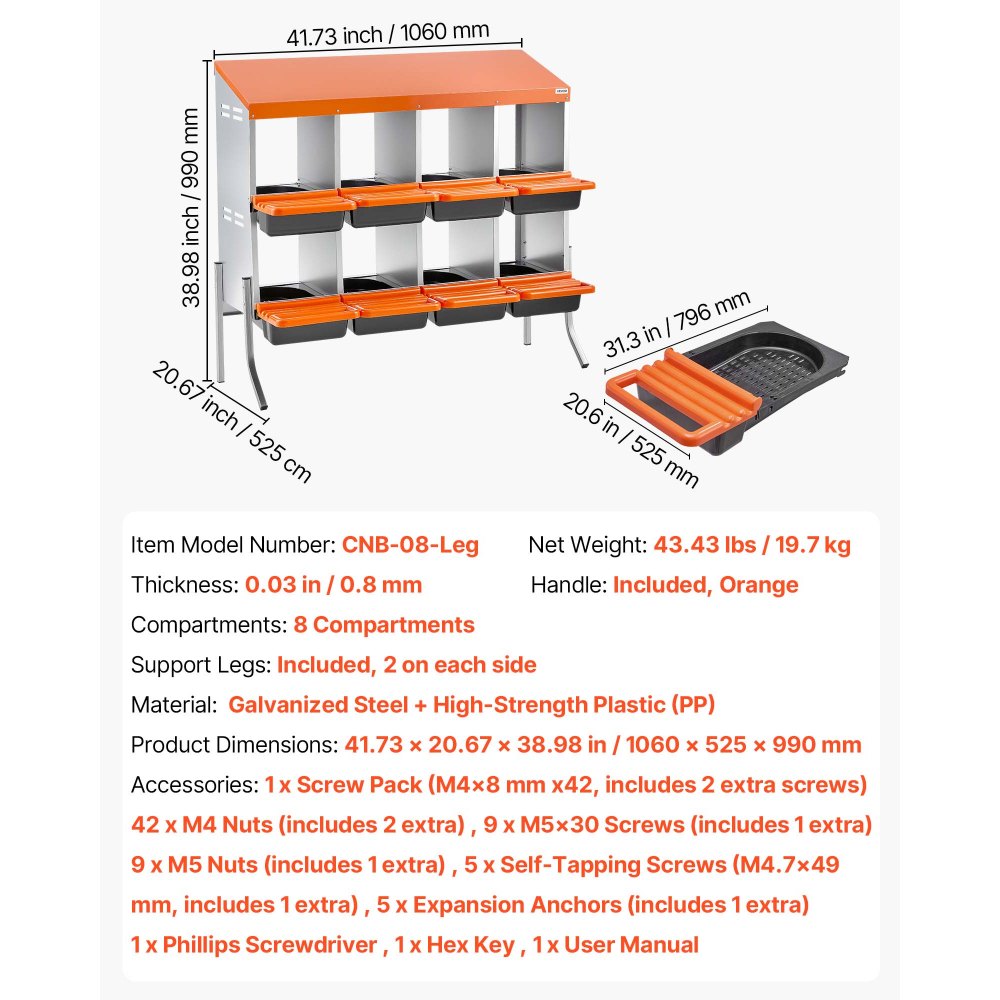 VEVOR Chicken Nesting Boxes, 8 Compartments, with Support Legs, Easy Egg Collection, Galvanized Steel and High-Strength Plastic, Roll Away Nesting Boxes for Chickens and Hens Laying Eggs, Orange