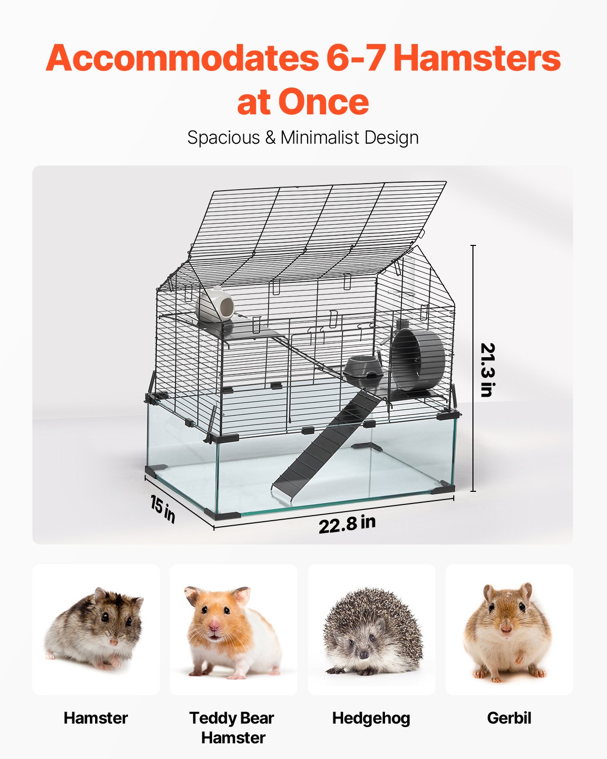 VEVOR Hamsterkäfig, 360°-Sicht, transparenter Hamsterlebensraum, Kleintierkäfig, 58x38x54 cm, belüfteter Mäusekäfig mit Wasserflasche, tragbares Hamsterhaus für Ratten, Meerschweinchen
