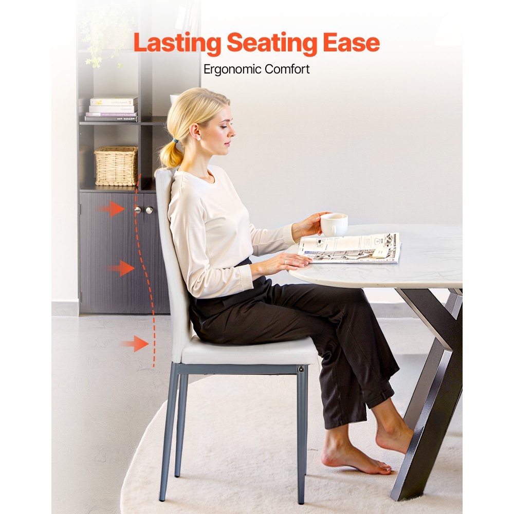 VEVOR moderner Esszimmerstuhl (4 Stk.) eleganter gepolsterter Leder-Beistellstuhl (136 kg belastbar) für Esstische, platzsparender Küchentischstuhl mit dicken Kissen & Metallbeinen, Weiß Cafeteria