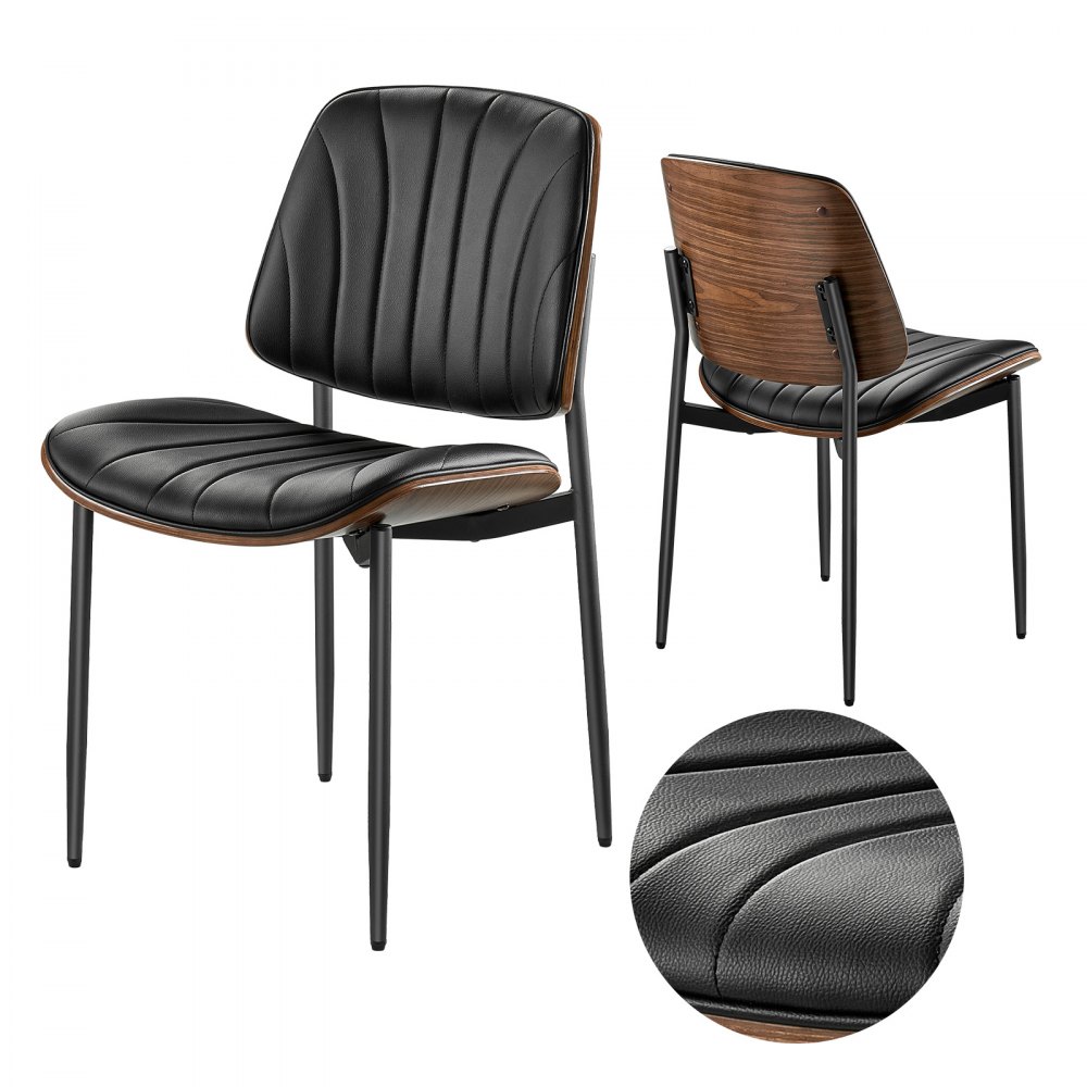 VEVOR Retro-Esszimmerstuhl (2 Stk.) eleganter gepolsterter Leder-Beistellstuhl (158,76 kg belastbar) für Esstische, platzsparender Küchentischstuhl mit dicken Kissen & Metallbeinen, Schwarz Café