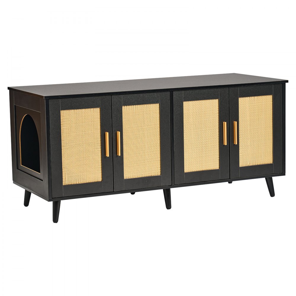 VEVOR Cat Litter Box Enclosure for 2 Cats, Concealed Cat Litter Box Furniture with Rattan-Decorated Doors, Wooden Cat Litter Box Cabinet Fits Most Litter Boxes, 119.4 cm L x 40.1 cm W x 55.6 cm H, Black