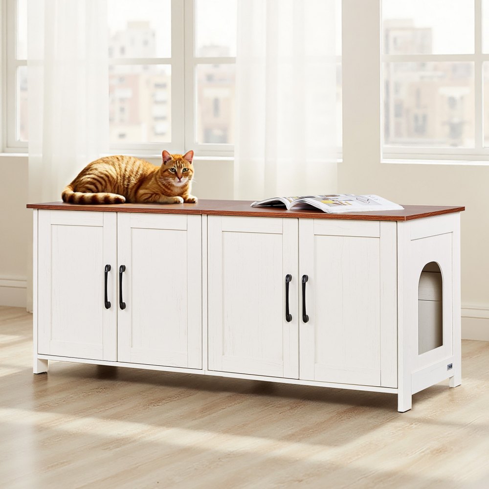 VEVOR Katzenschrank, 1200x450x500 mm, Katzenklo Schrank mit 4 Türen & 2 Eingängen, Katzentoilette für den Innenbereich, Katzenhaus aus Holz, passend für die meisten Katzentoiletten, Braun & Weiß