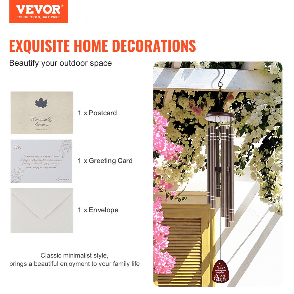 VEVOR Outdoor Wind Chime, 42 inches, Deep Tone Wind Chime with 6 Tubes, Unique Large Anniversary Memorial Wind Chime, Great Outdoor Decoration for Your Patio, Porch, Garden and Backyard, Dark Brown