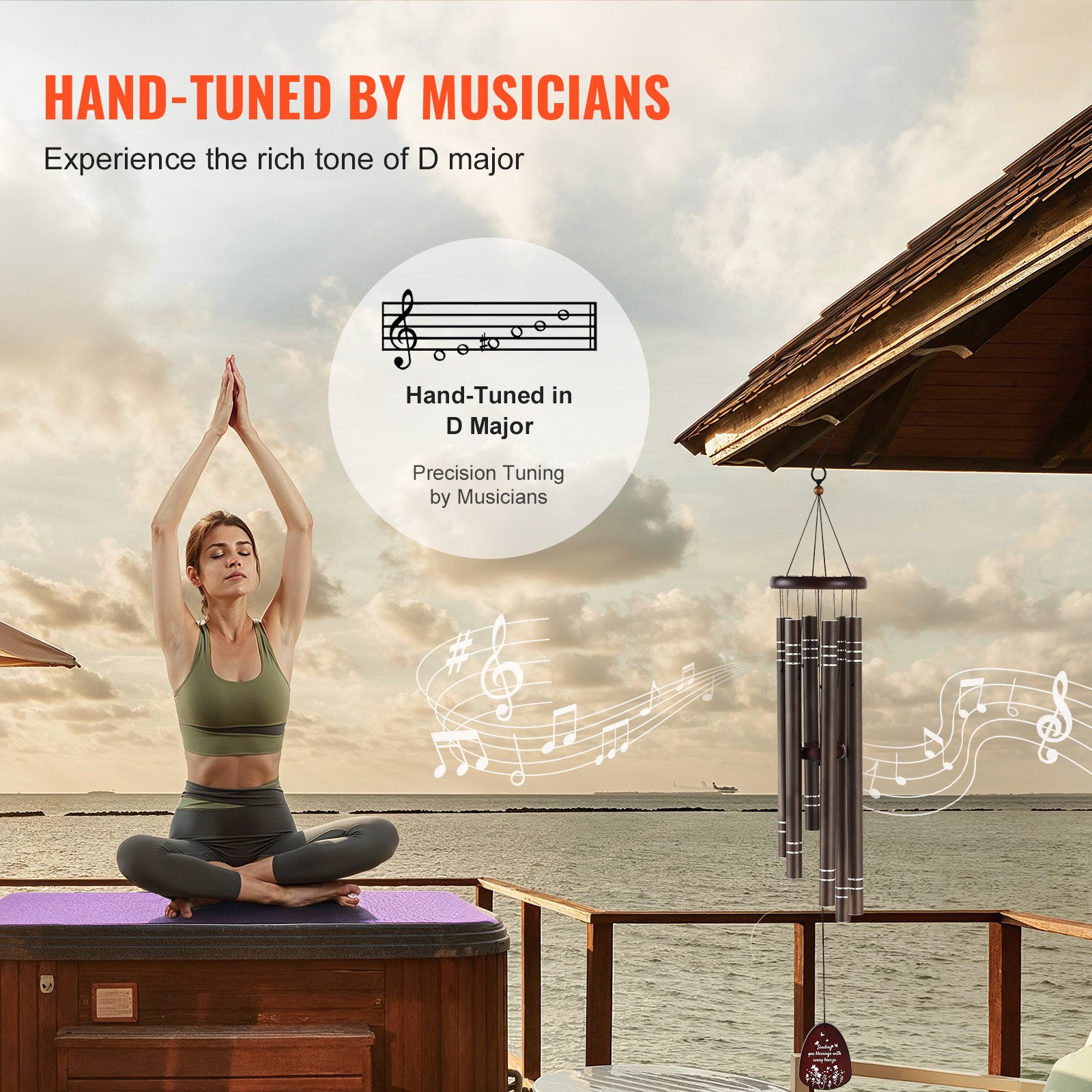 VEVOR Windspiel für draußen, 42 Zoll, Windspiel mit tiefem Ton und 6 Röhren, einzigartiges großes Gedenk-Windspiel zum Jahrestag, tolle Außendekoration für Ihre Terrasse, Veranda, Ihren Garten und Hinterhof, Dunkelbraun