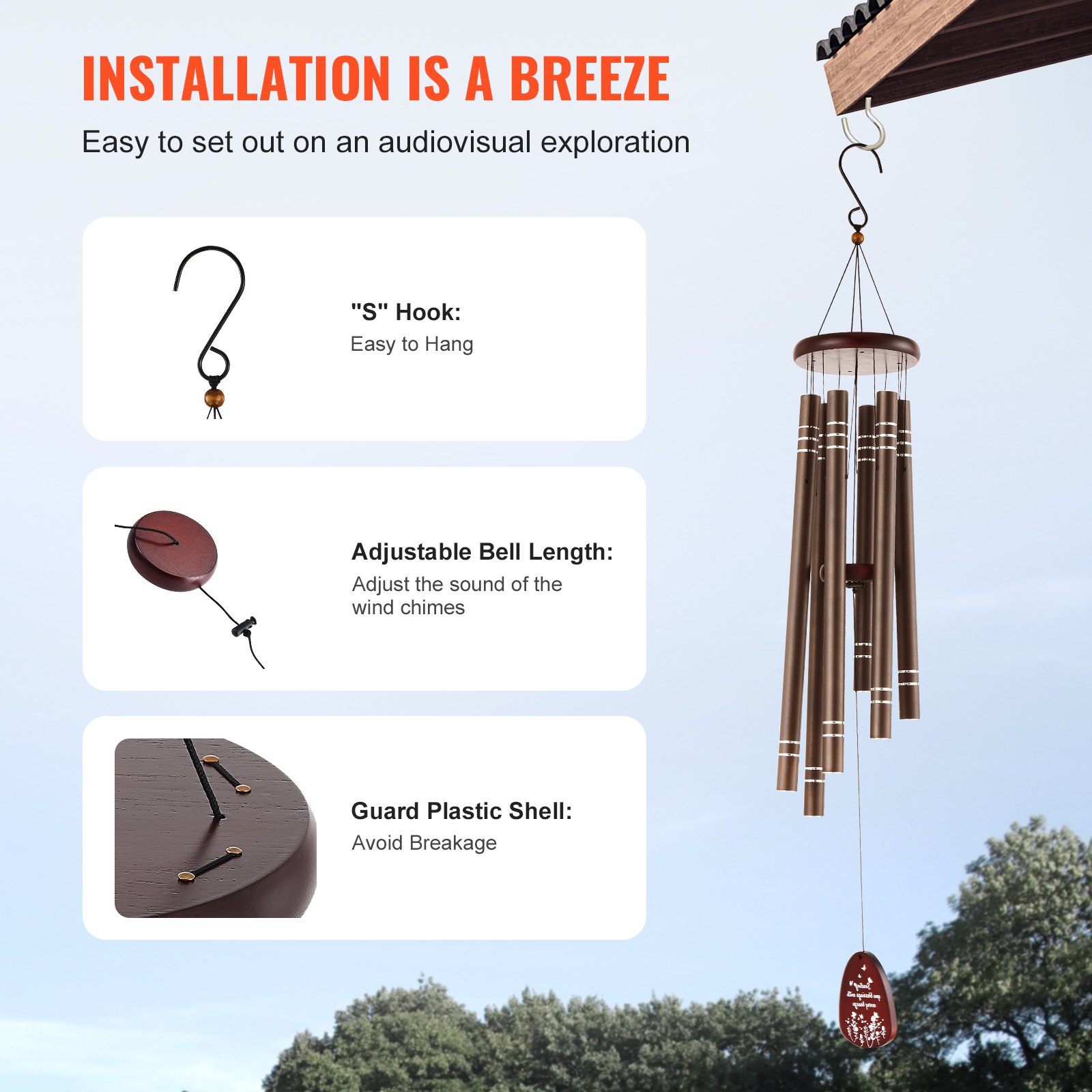 VEVOR Outdoor Wind Chime, 42 inches, Deep Tone Wind Chime with 6 Tubes, Unique Large Anniversary Memorial Wind Chime, Great Outdoor Decoration for Your Patio, Porch, Garden and Backyard, Dark Brown