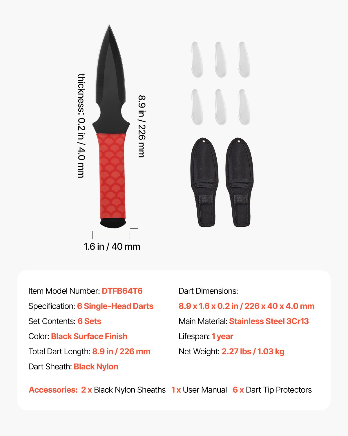 VEVOR Wurfmesser (Einzelkopf) Set 6 Stk. 226 mm Edelstahl, gut ausbalancierte Messer mit schwarzer Nylonschutzscheide, idealer Begleiter für Wurfäxte, robust für Freizeit und Wettkampf