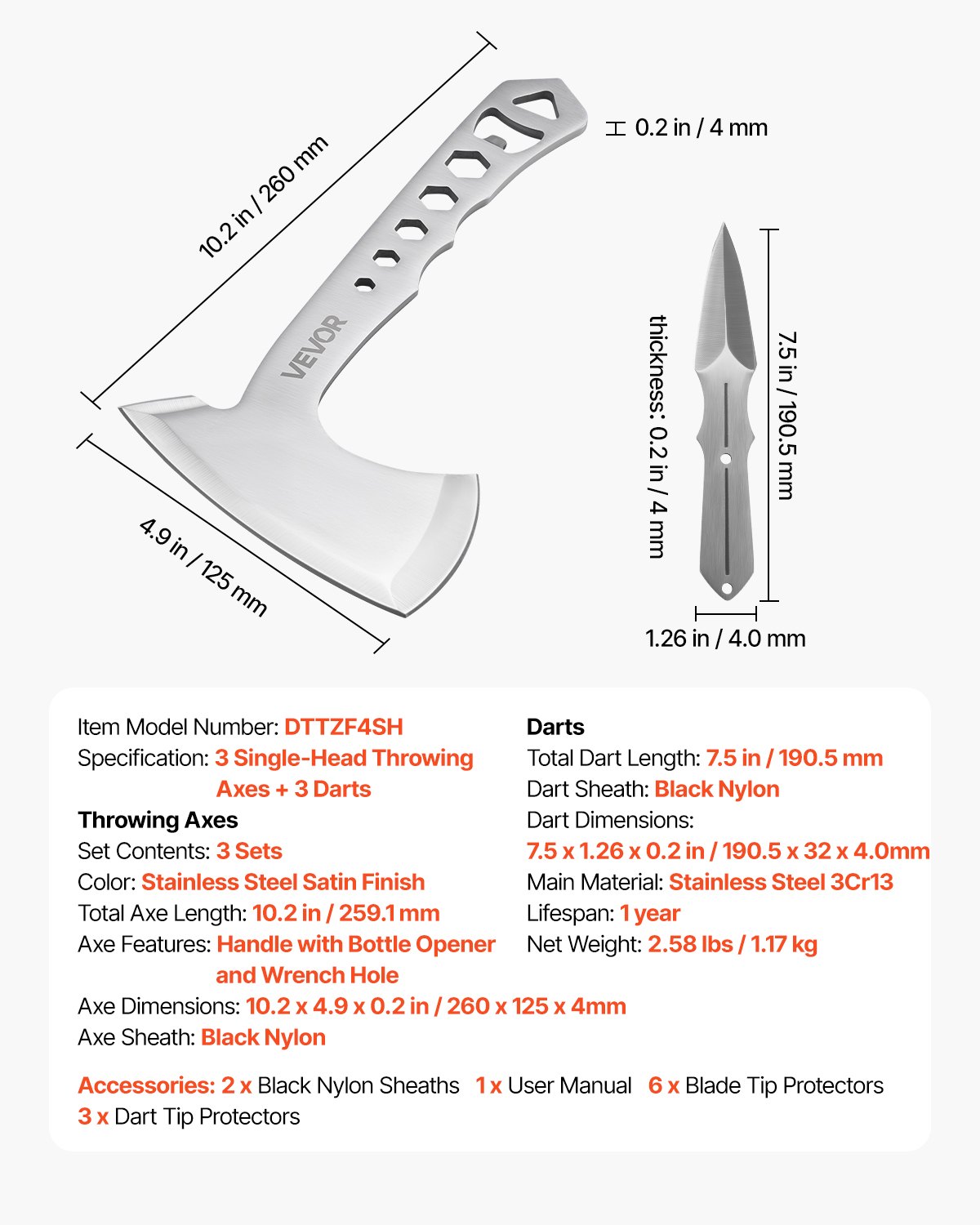 VEVOR Throwing Axes and Tomahawks Set including 3 Hatchets & 3 Throwing Knives, Throwing Equipment Set, Handle with Wrench & Bottle Opener, Stainless Steel, Black Nylon Sheath, for Recreational Competitions