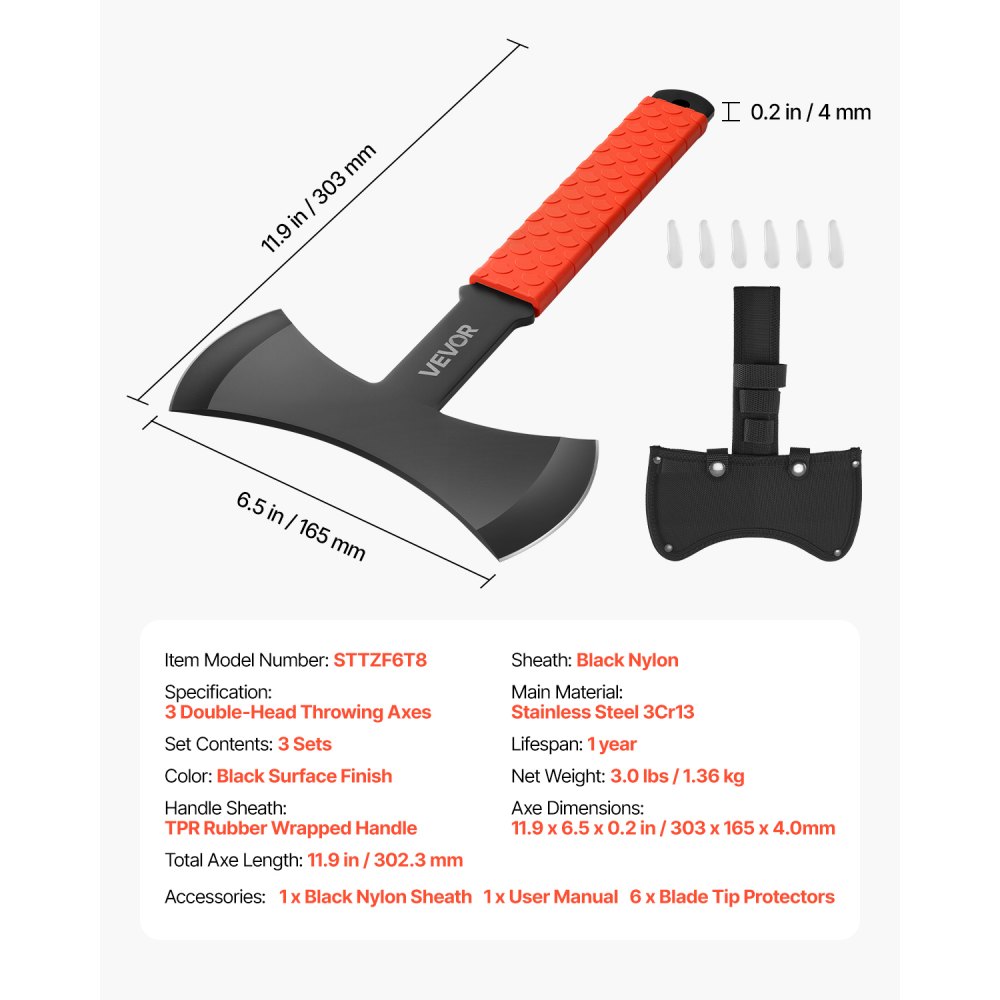 VEVOR Wurfäxte und Tomahawks 3-tlg. Set 302,3 mm Doppelaxt-Wurfbeil-Set mit Edelstahlkopf & rutschfestem TPR-Gummigriff & schwarzer Nylonscheide, für Freizeit Wettkampf Camping-Requisiten