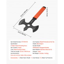 VEVOR Wurfäxte Tomahawks 3-tlg. Set 340,4 mm dreischneidiges Wurfbeil-Set mit Edelstahlkopf & rutschfestem TPR-Gummigriff & schwarzer Nylonscheide, für Freizeit Wettkampf Camping-Requisiten