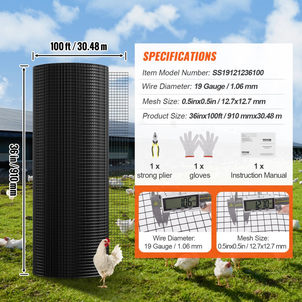 VEVOR Aviary Wire 91 x 3048 cm, Garden Fence, 1.06 mm Mesh Fence Roll, Vinyl Coated Wire Fence for Chicken Coop Barriers, Rabbit and Snake Fences, Poultry Enclosures