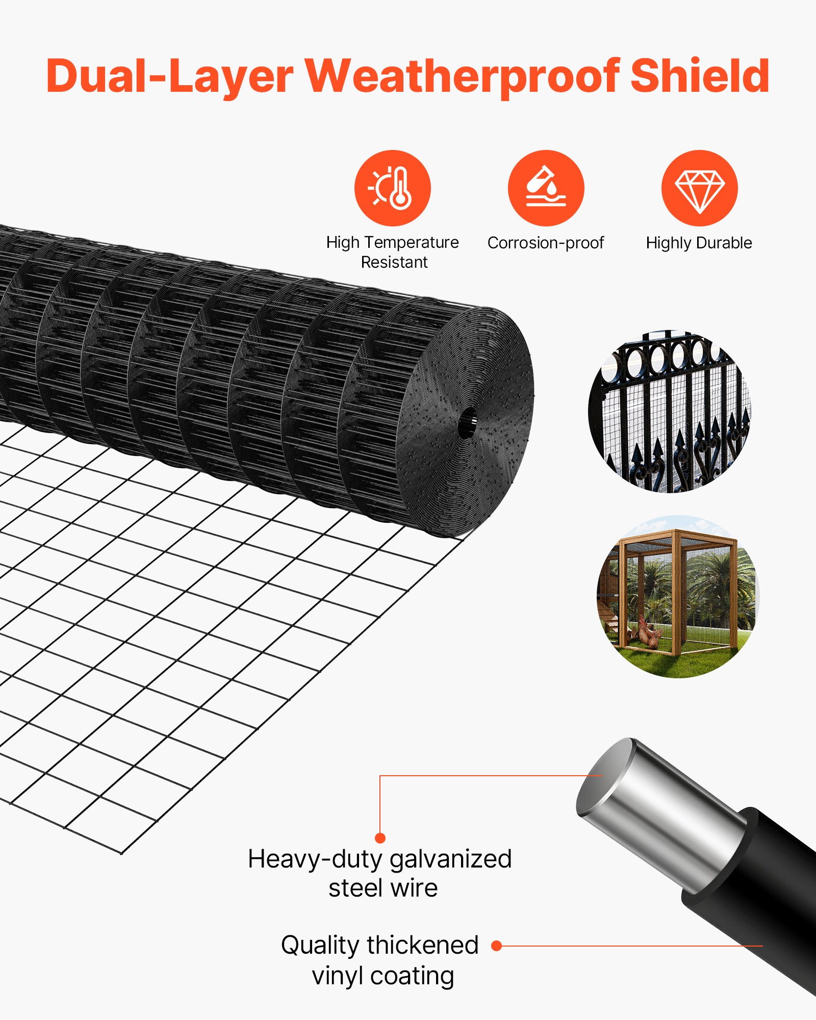 VEVOR Hardware Cloth 91cm x 7.62m, 2 x 3 in Mesh 16 Gauge Galvanized Wire Mesh Roll, Weather-Resistant Vinyl Coated Chicken Wire Fencing, Heavy Duty Welded Garden Plant Fencing for Rabbit Cage Snake