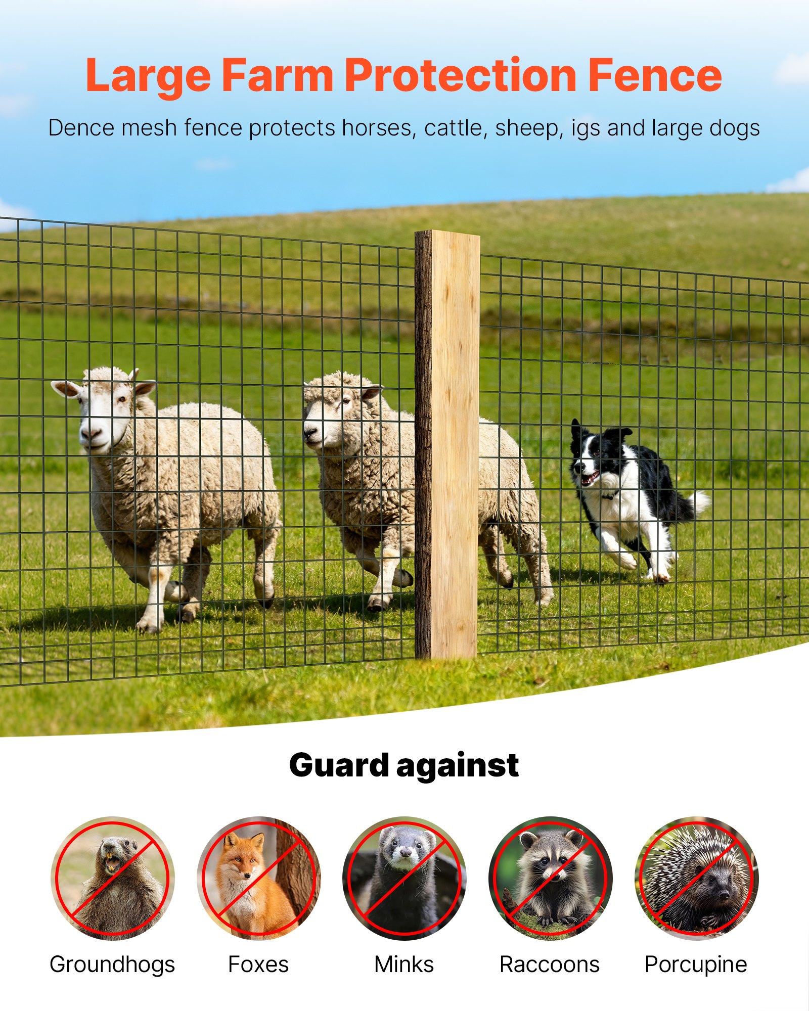 VEVOR Farm Fence,  122cm x 15.2m, 2 x 4 in Mesh 14 Gauge Galvanized Steel Wire Fencing for Cattle, Hog & Sheep , Heavy Duty Vinyl Coated Livestock Fence for Animal Enclosures, Cage Wire, Garden Fences