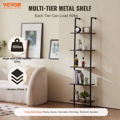 VEVOR Leiterregal mit Metallrahmen, 5 Ebenen, Bücherregal Wandmontage, 40 x 30 cm, schwebende rustikale Holzregale, Lagerregal für Küche, Schlafzimmer, Badezimmer, Wohnzimmer, schwarz