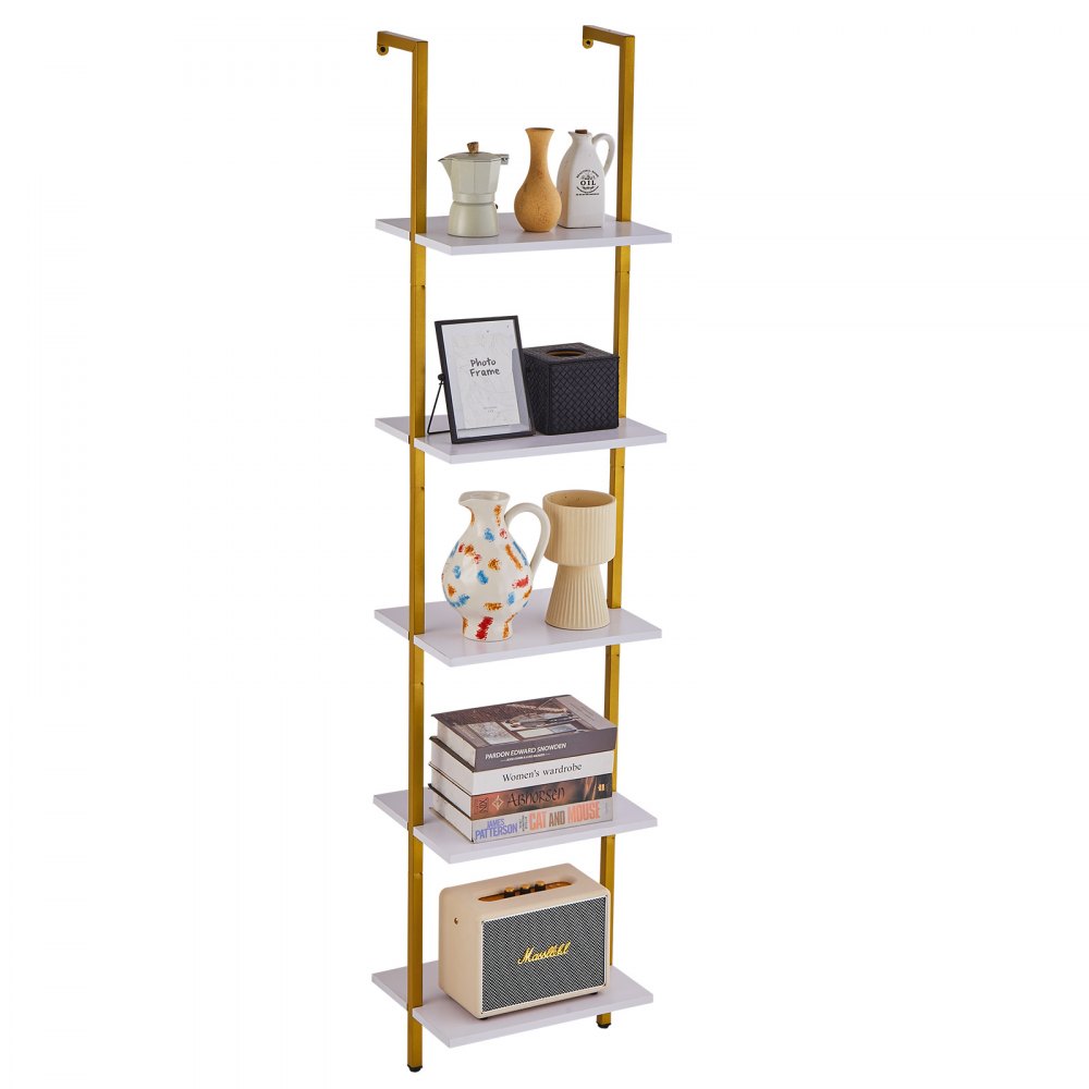 VEVOR Leiterregal mit Metallrahmen, 5 Ebenen, Bücherregal Wandmontage, 40 x 30 cm, Schweberegal, Lagerregal, Kleinteilehalter für Küche, Schlafzimmer, Badezimmer, Wohnzimmer, Goldweiß