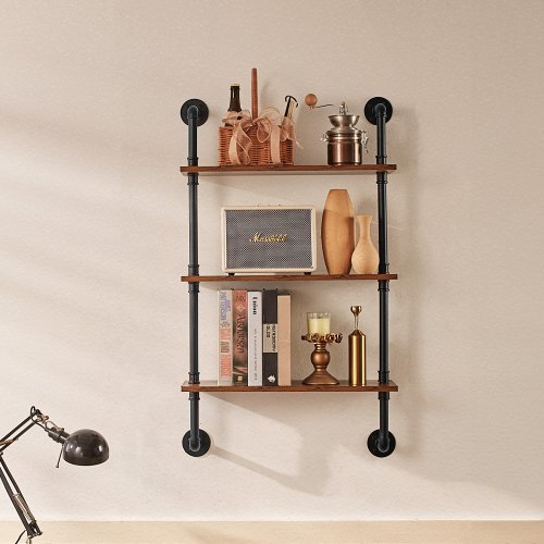 Industrielles Rohrregal Aus Metall & Holz – 3-stöckig, 105x20x50 Cm, Rustikal, Tragkraft 10 Kg