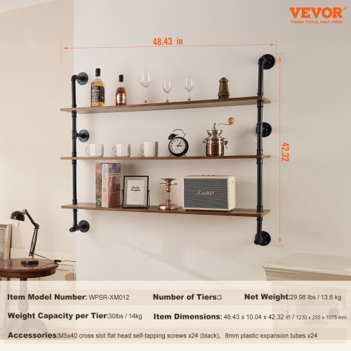 LOFTEY Bücherregal 3-stöckig – 41,9x27,9x69,1 Cm, Industriedesign Metall/Holz, Mit Anti-Sturzstangen, Für Kleine Räume