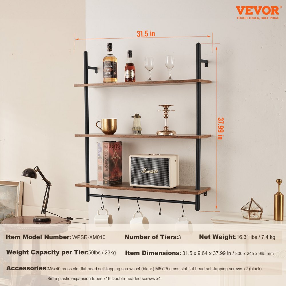 VEVOR Industrielles Rohrregal, 3 Ebenen, 80 x 24 cm, Wandmontage, schwebende rustikale Holzregale, Halterung, Schweberegal, Lagerregal, Kleinteilehalter für Küche, Schlafzimmer, Badezimmer, Wohnzimmer