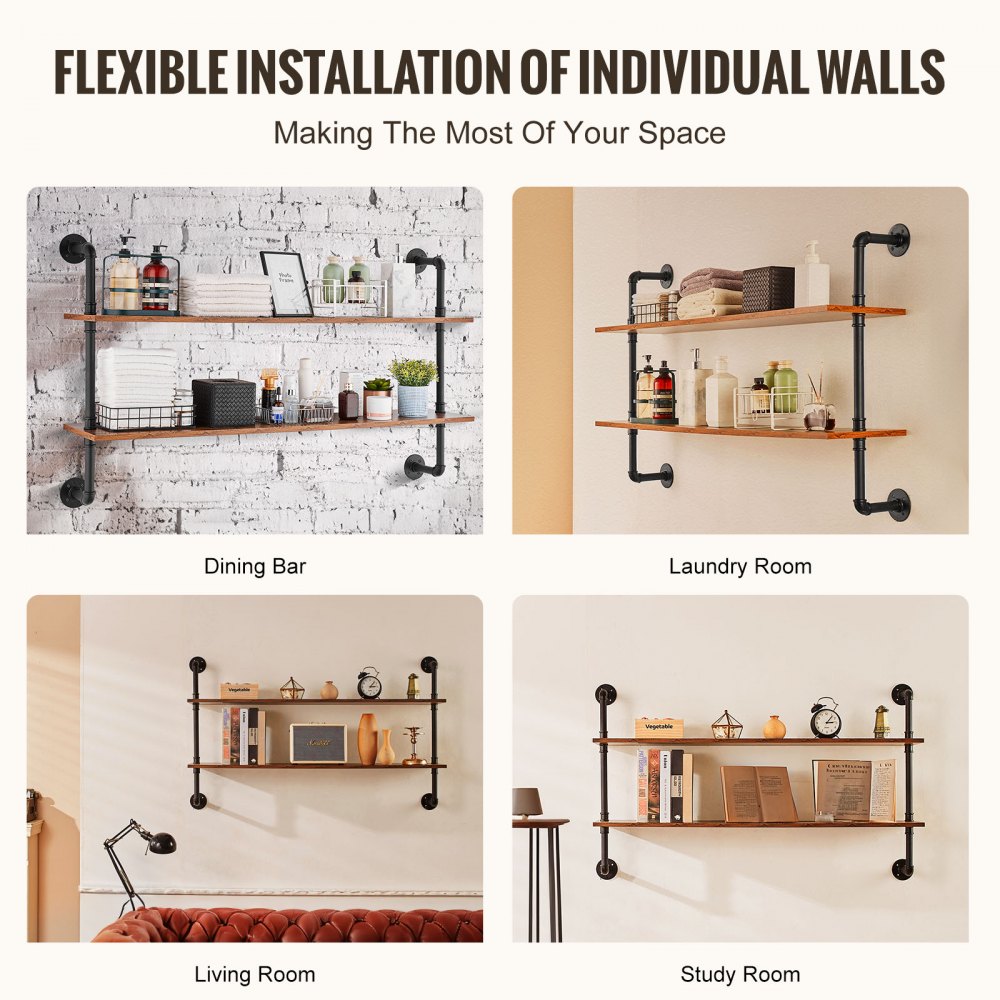 VEVOR Industrielles Rohrregal, 2 Ebenen, 122x25cm, schwebende rustikale Holzregale zur Wandmontage, Halterung,  Lagerregal, Kleinteilehalter für Küche, Schlafzimmer, Badezimmer, Wohnzimmer, schwarz