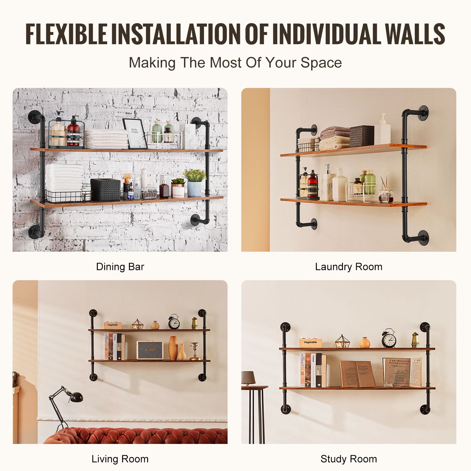 VEVOR Industrielles Rohrregal, 2 Ebenen, 122x25cm, schwebende rustikale Holzregale zur Wandmontage, Halterung,  Lagerregal, Kleinteilehalter für Küche, Schlafzimmer, Badezimmer, Wohnzimmer, schwarz