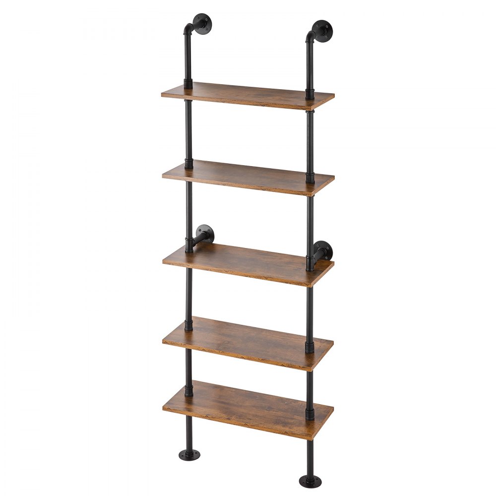 VEVOR Industrielles Rohrregal, 5 Ebenen, 61 x 25 cm, Wandmontage, schwebende rustikale Holzregale, Halterung, Ausstellungsregal, Bücherregal, Lagerregal, Kleinteilehalter für Küche, Schlafzimmer, Badezimmer, Wohnzimmer, schwarz