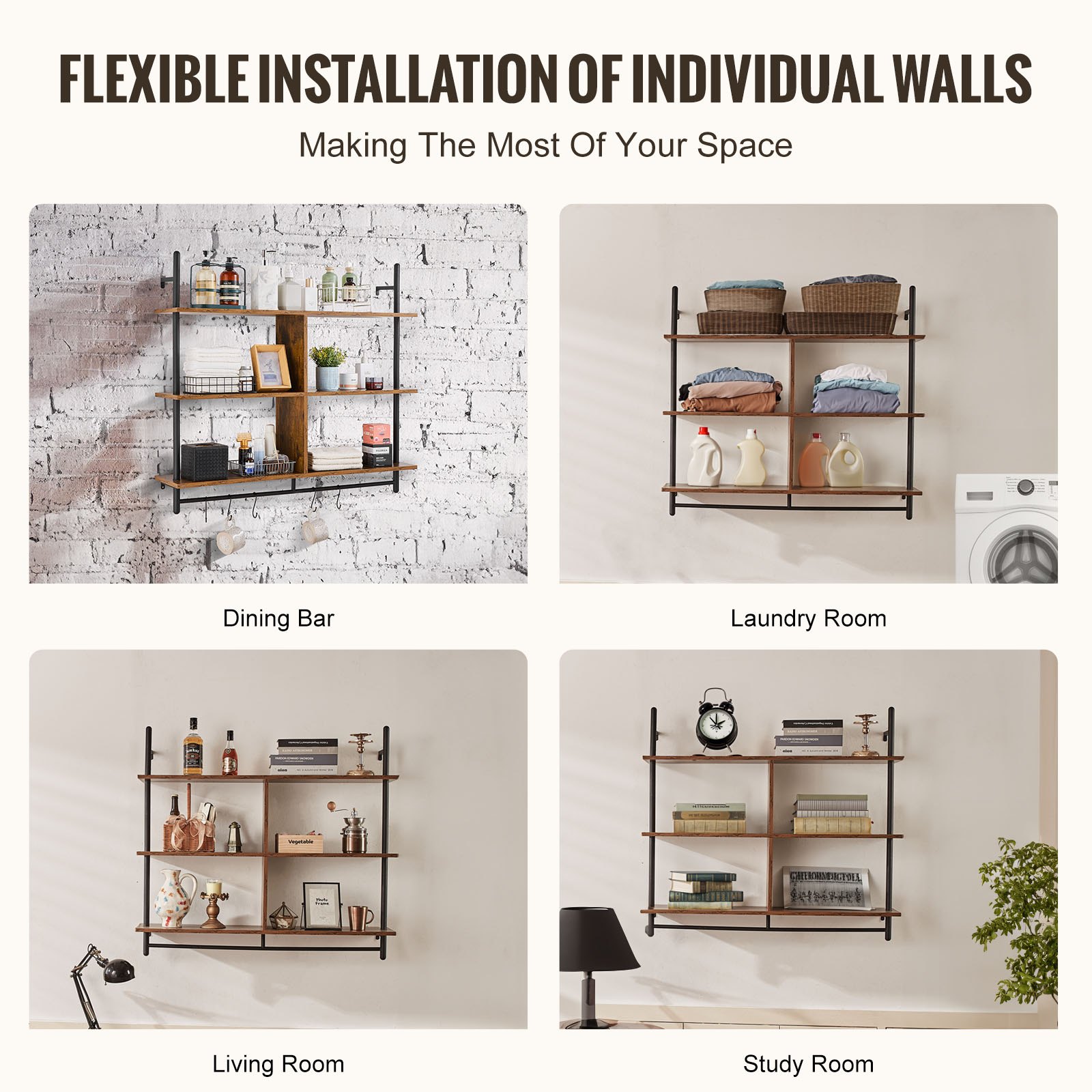 VEVOR Industrielles Rohrregal, 3 Ebenen, 105x24cm, Wandmontage, schwebende rustikale Holzregale, Halterung, Schweberegal, Lagerregal, Kleinteilehalter für Küche, Schlafzimmer, Badezimmer, Wohnzimmer