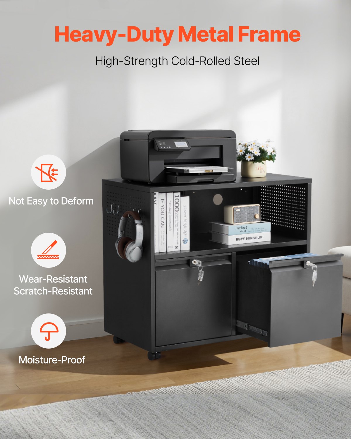 VEVOR Aktenschrank Schubladenschrank mit 2 Schubladen, seitlicher Rollcontainer mit Schloss & verstellbaren Hängestangen, breiter Aufbewahrungsschrank für Schreibwaren Drucker Dokumente (Schwarz)