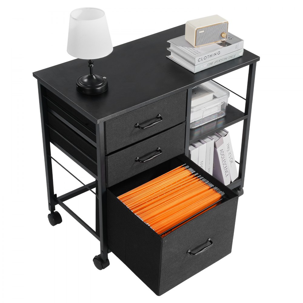 VEVOR Aktenschrank Schubladenschrank mit 3 Stoffschubladen, Rollcontainer mit 2 offenen Regalen, Lagerschrank Aufbewahrungsschrank für Schreibwaren Drucker Dokumente (Schwarz, 75 x 40 x 68 cm)