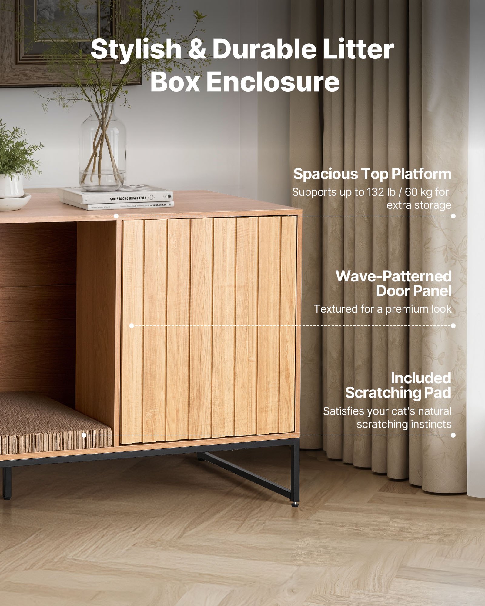 VEVOR Katzenschrank, 1200x450x665 mm, Katzentoilette mit Kratzpad & Stauraum, Katzenklo Schrank, Katzenhaus, passend für die meisten Katzentoiletten, für Schlafzimmer & Wohnzimmer