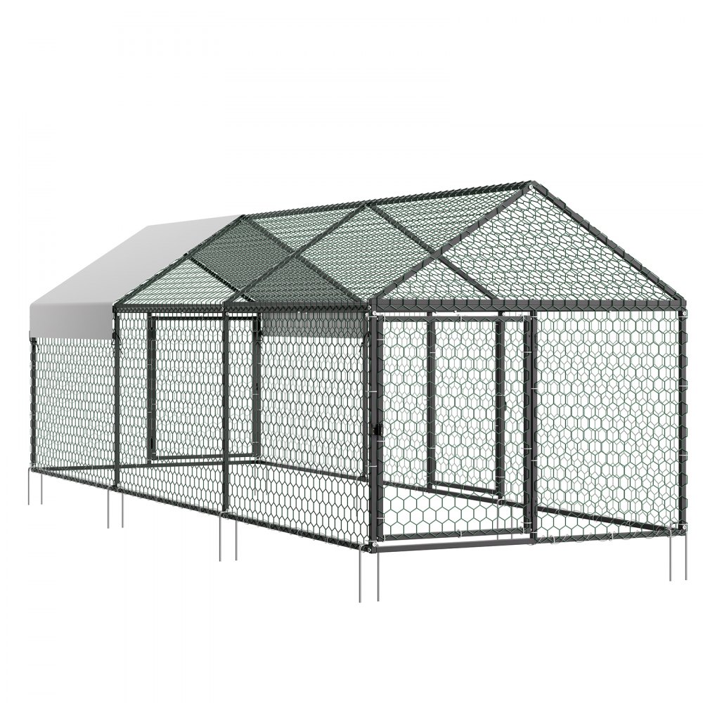 VEVOR Metal Chicken Coop for 6-8 Chickens 1 x 3 x 0.99 m Small Chicken Cage, Spire Roof Poultry Run with Waterproof Cover & 3 Doors, Compatible with Wooden Coops, for Rabbit Hen Goose Duck, Backyard