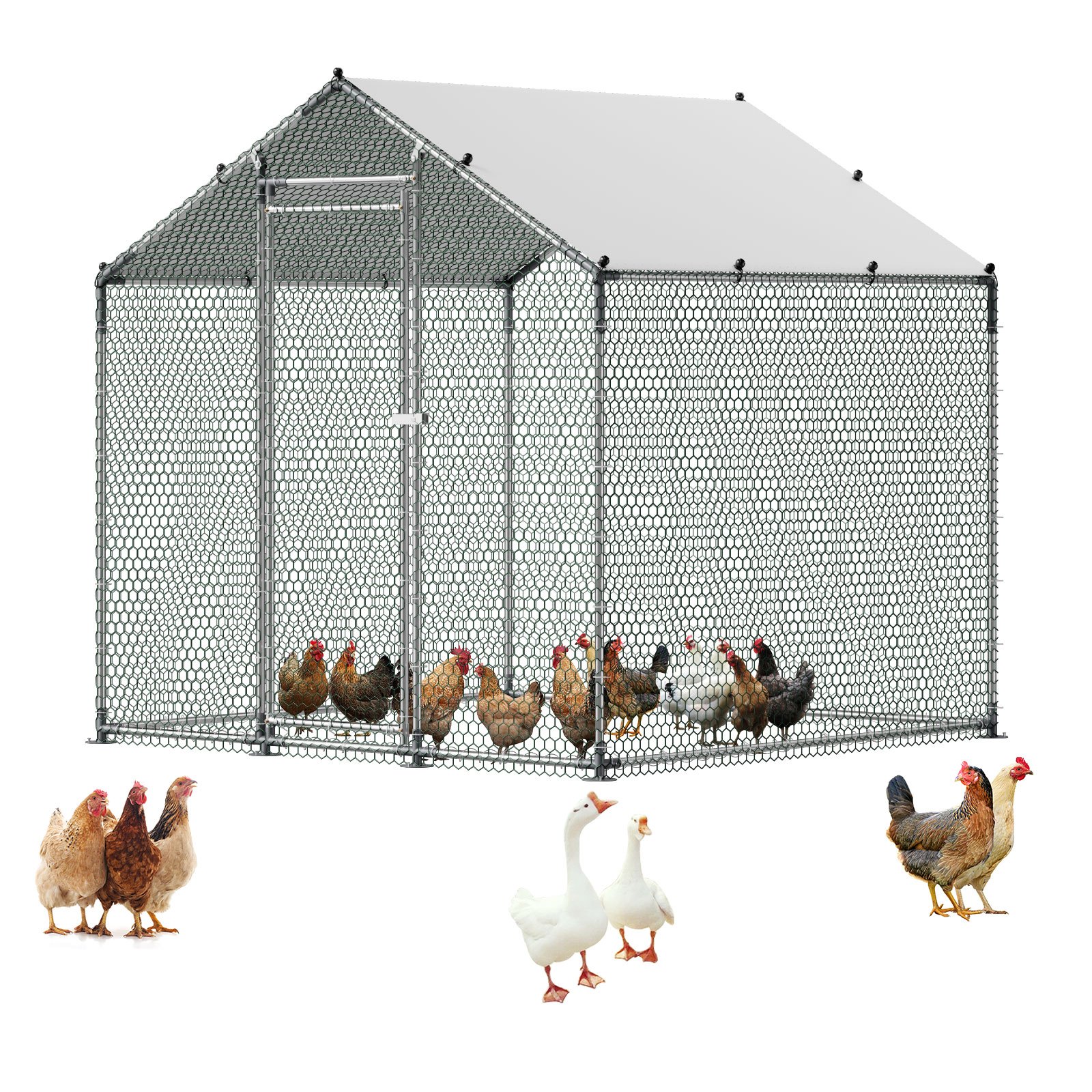 VEVOR Metal Chicken Coop, 6.56x6.56x6.56ft Large Walk-in Chicken Runs with Cover, Spire Roof Hen House Enclosure with Security Lock, Outdoor Duck Rabbit Cage Poultry Pen for Backyard, Farm, Yard