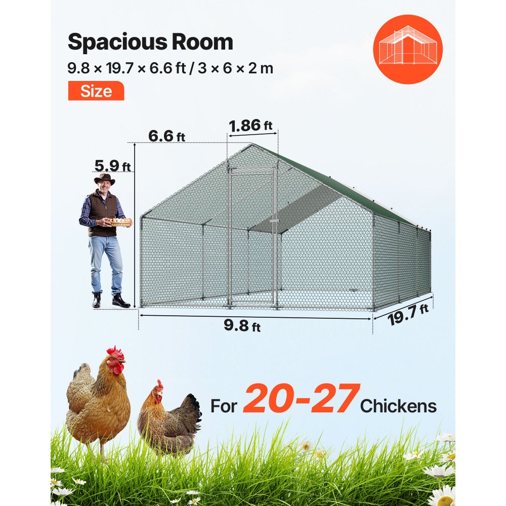 VEVOR Metal Chicken Coop, 3x6x2 m, Walk-in Chicken Run with Cover, Chicken House with Tower Roof & Security Lock, Duck & Rabbit Cage, Poultry Enclosure for Backyard, Farm, Yard