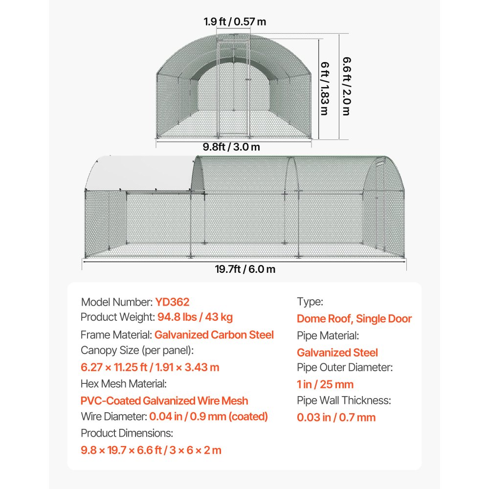 VEVOR Hühnerstall, 3x6x2 m, begehbarer Hühnerauslauf mit Abdeckung, Hühnerhaus mit Doppeldach & Sicherheitsschloss, Enten- & Kaninchenkäfig, Geflügelgehege für Hinterhof, Bauernhof, Hof
