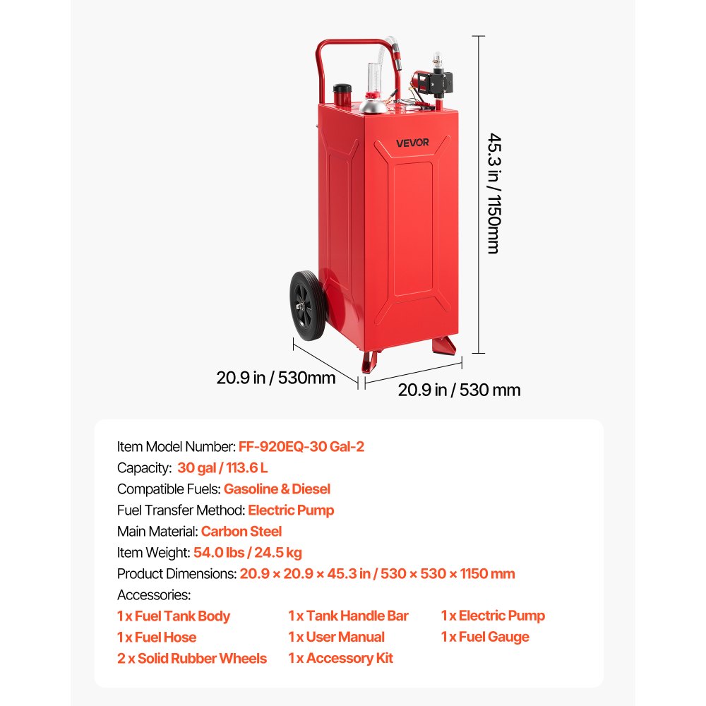 VEVOR 113,6L Kraftstofftrolley Mobile Tankanlage mit 12V Elektropumpe Rot, Tragbarer Kraftstoffkanister für Auto Rasenmäher Boot, Mit 2 Rollen & Ölstandsanzeige, Für Benzin & Diesel, Kohlenstoffstahl