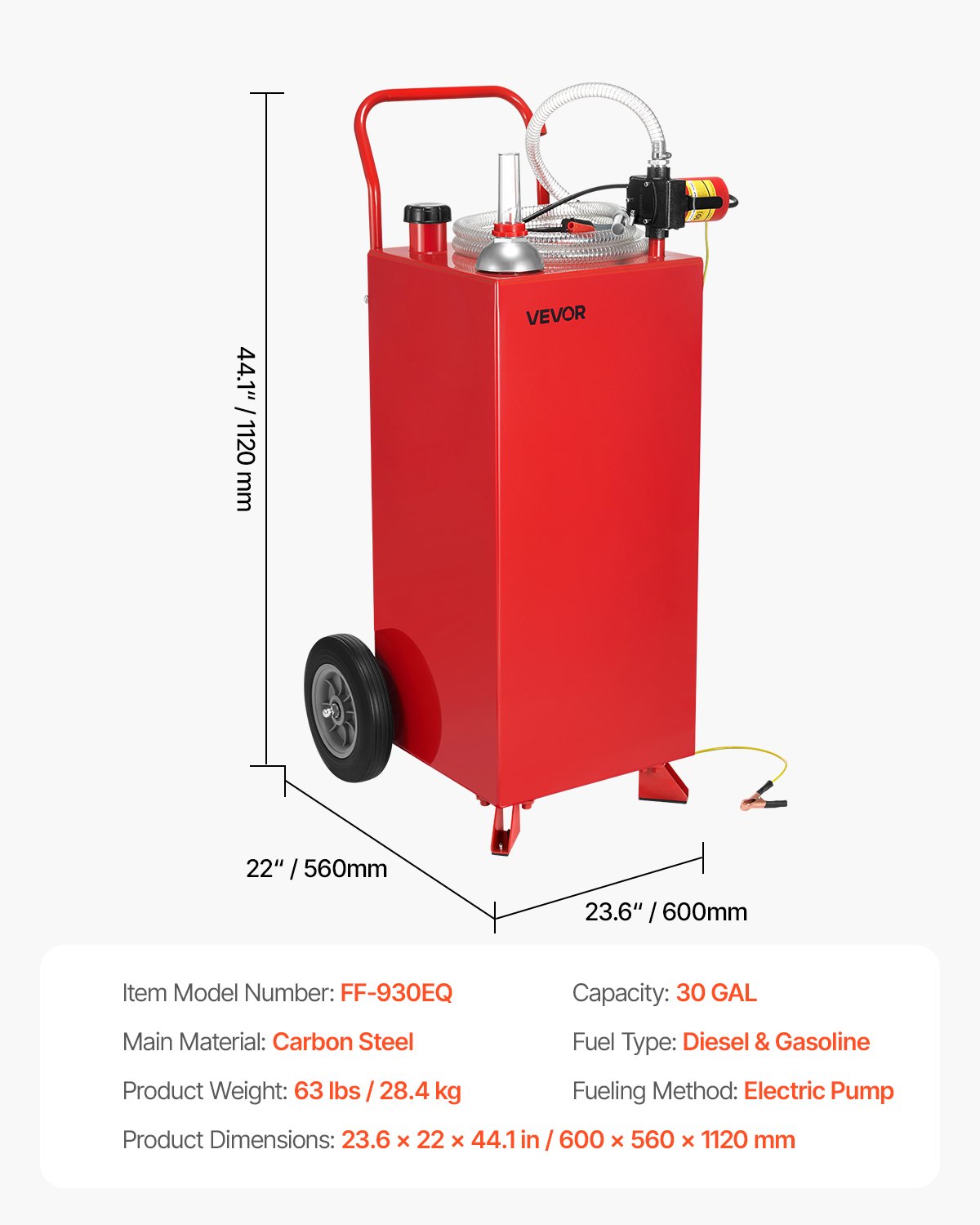 VEVOR 114 L Kraftstofftrolley, max. Durchfluss 32L/min, Dieseltank mit elektrischer Pumpe, Benzinkanister mit 2 Rädern & 3 m Schlauch, Gasbehälter für ATV, Auto, Rasenmäher, Boot, Motorrad, Rot