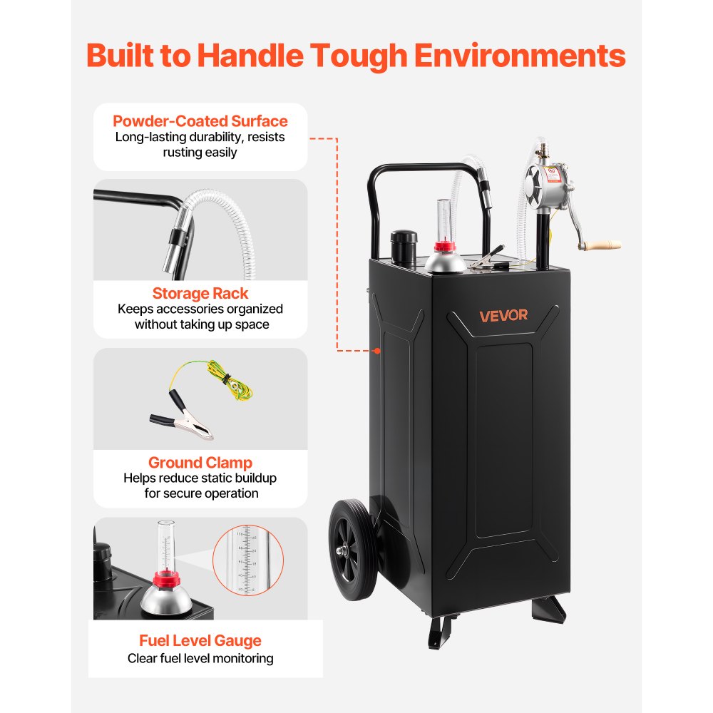 VEVOR 113,6L Kraftstofftrolley Mobile Tankanlage mit Handpumpe Schwarz, Tragbarer Kraftstofftank für Auto Rasenmäher Boot, Mit 2 Rollen & Ölstandsanzeige, Für Benzin & Diesel, Kohlenstoffstahl