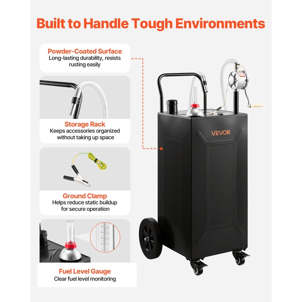 VEVOR 113,6L Kraftstofftrolley Tankanlage Mobil mit Manueller Pumpe Schwarz, Tragbarer Kraftstofftank für Auto Rasenmäher Boot, Mit 4 Rollen & Ölstandsanzeige, Für Benzin & Diesel, Kohlenstoffstahl