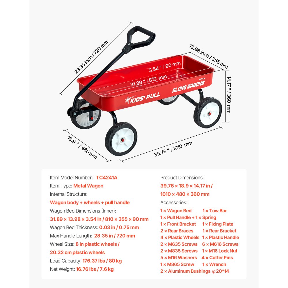 VEVOR Bollerwagen für Kinder ab 18 Monaten, 1010x480x360 mm, Transportwagen Tragkraft bis 80 kg, Hnadwagen mit Griff, ideal als Geburtstagsgeschenk für Gartenarbeit, Strand und Camping, Rot