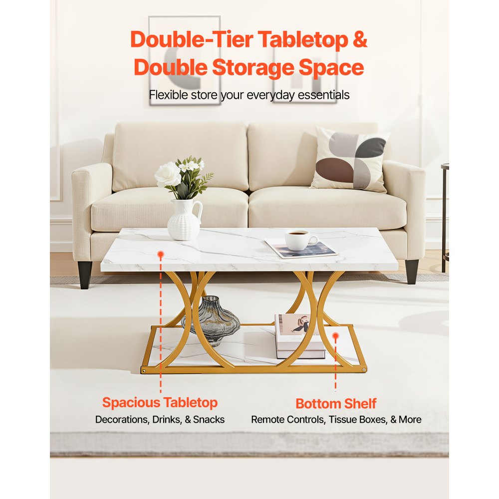 VEVOR Couchtisch Beistelltisch in Marmoroptik, 2-stöckiger rechteckiger Sofatisch mit Metallgestell & geometrischen Beinen & 95 kg Tragkraft, minimalistischer Wohnzimmertisch Weiß 120 x 59,5 x 48 cm